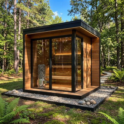 SaunaLife TITAN SL1 propane sauna heater installed in a SaunaLife GL6 sauna