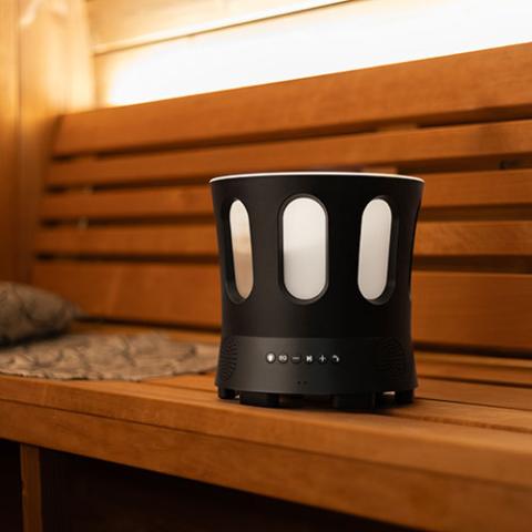 SaunaLife Zone Bluetooth sauna bucket on sauna bench