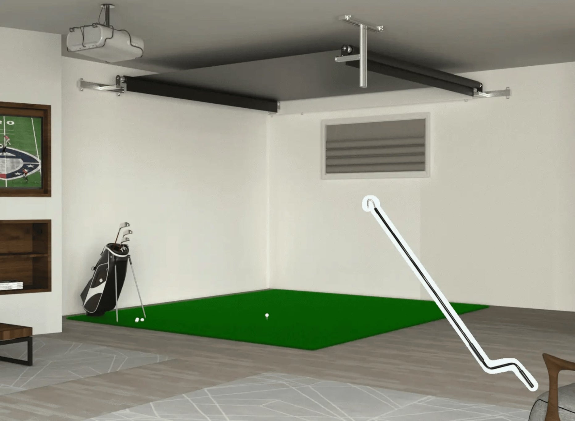 Sportscreen Vanish retractable golf simulator impact screen installed in home golf simulator room