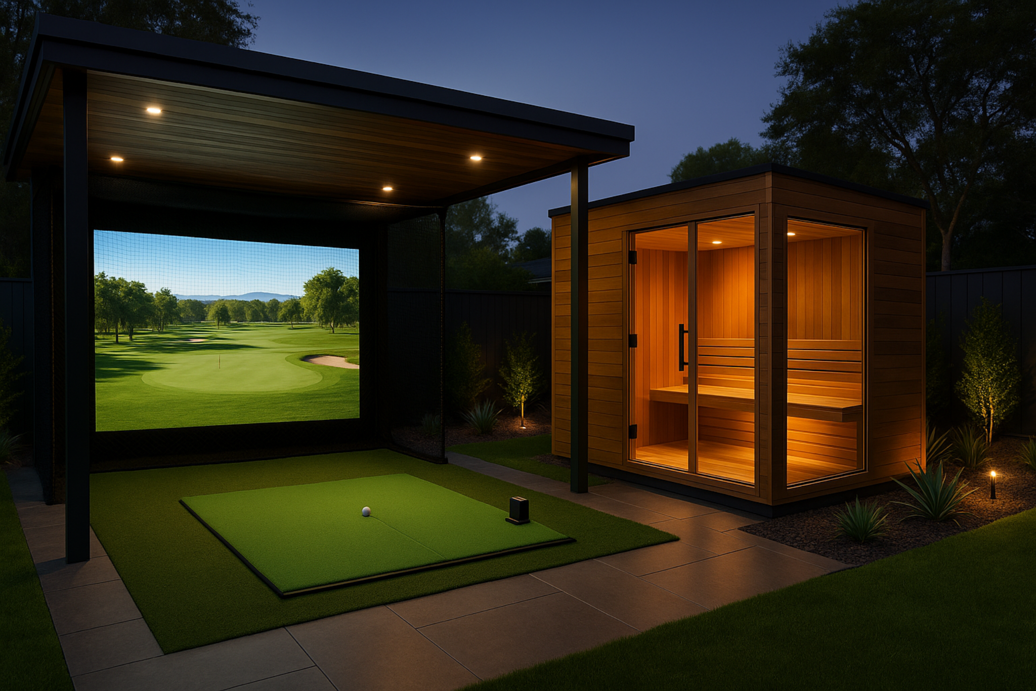Backyard golf simulator and sauna