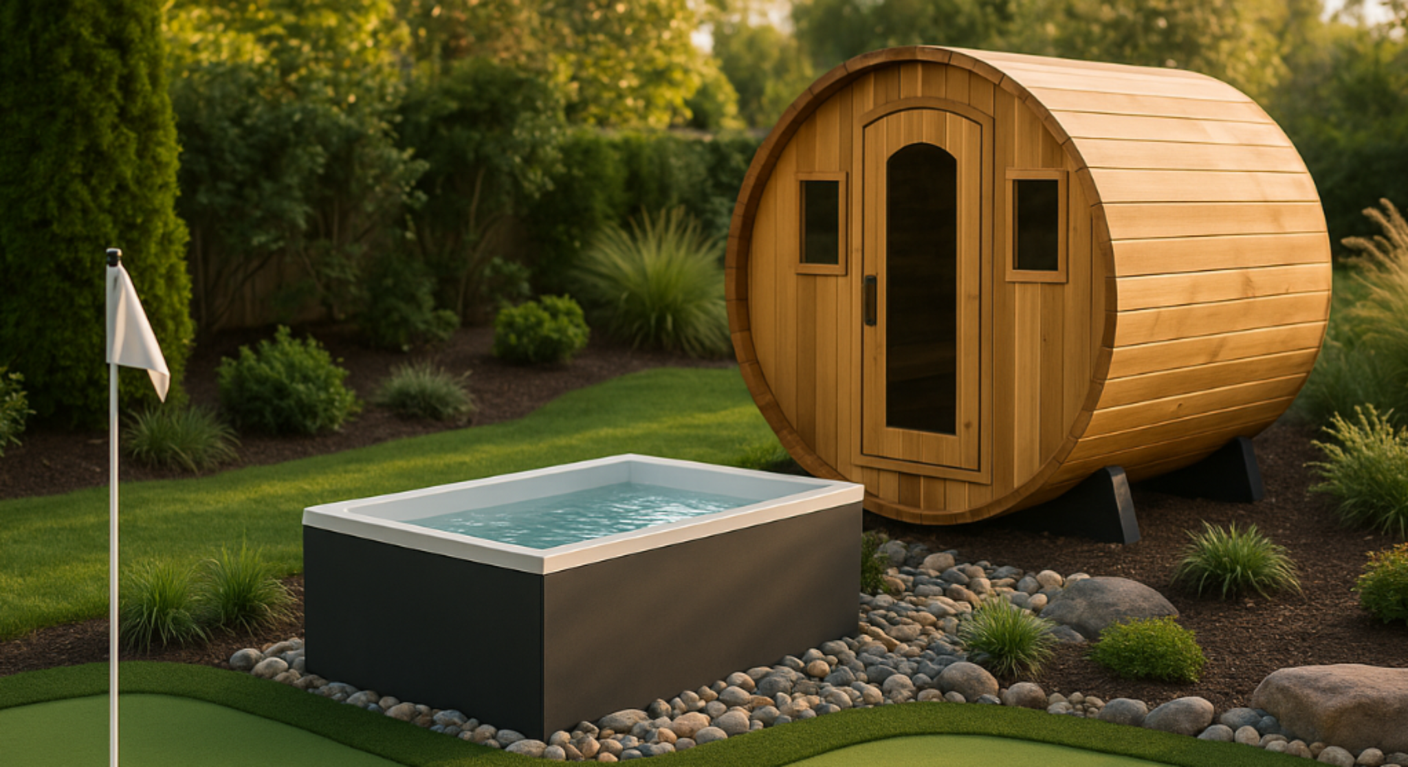 cold plunge and barrel sauna behind an outdoor putting green