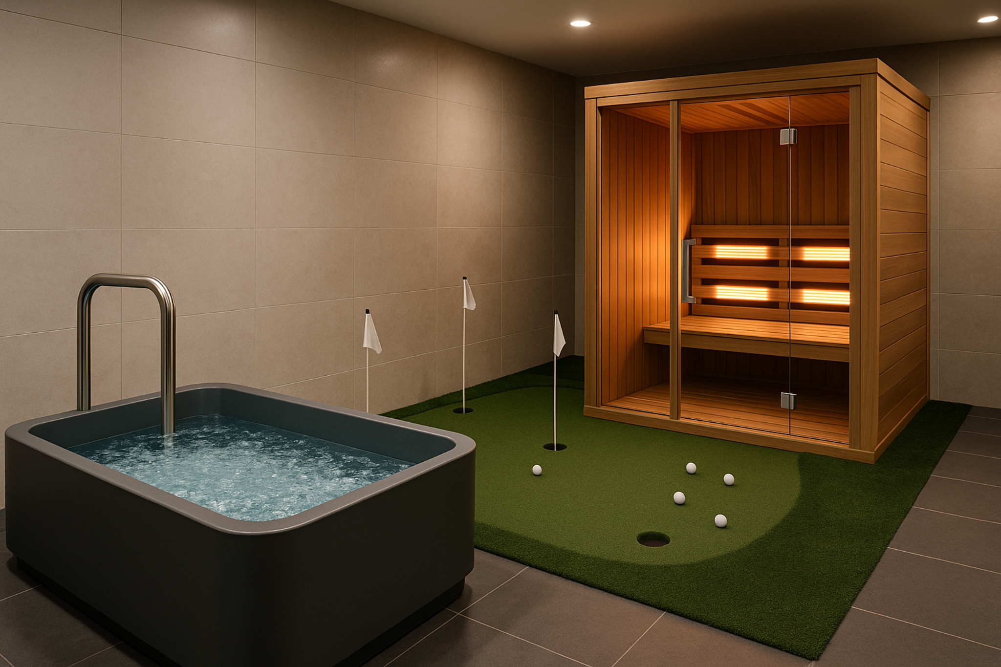 cold plunge and infrared sauna side by side with a putting green