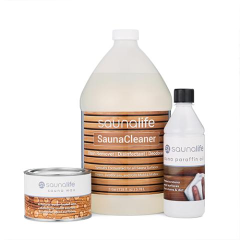SaunaLife sauna care package with wax, paraffin oil, and cleaner